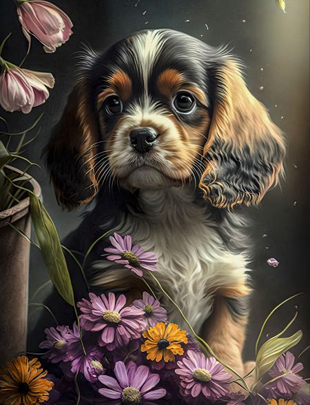 

Алмазная мозаика на подрамнике Щенок с цветами, 50x40 см, 30 цветов, 61511, ПРА-179
