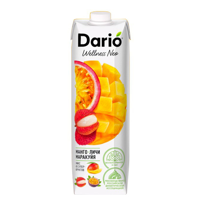 

Нектар Dario Wellnes Neo манго-личи-маракуйя с мякотью с 3 лет 1 л