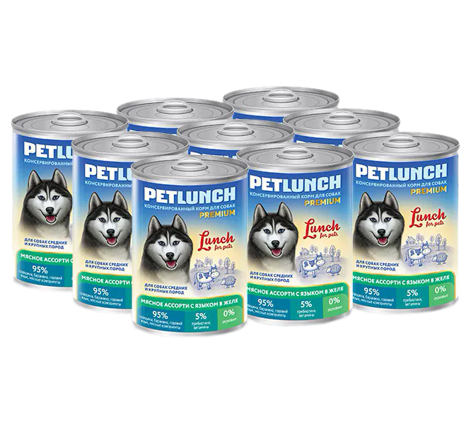 фото Влажный корм для собак lunch for pets мясное ассорти с языком в желе, 9шт по 400г