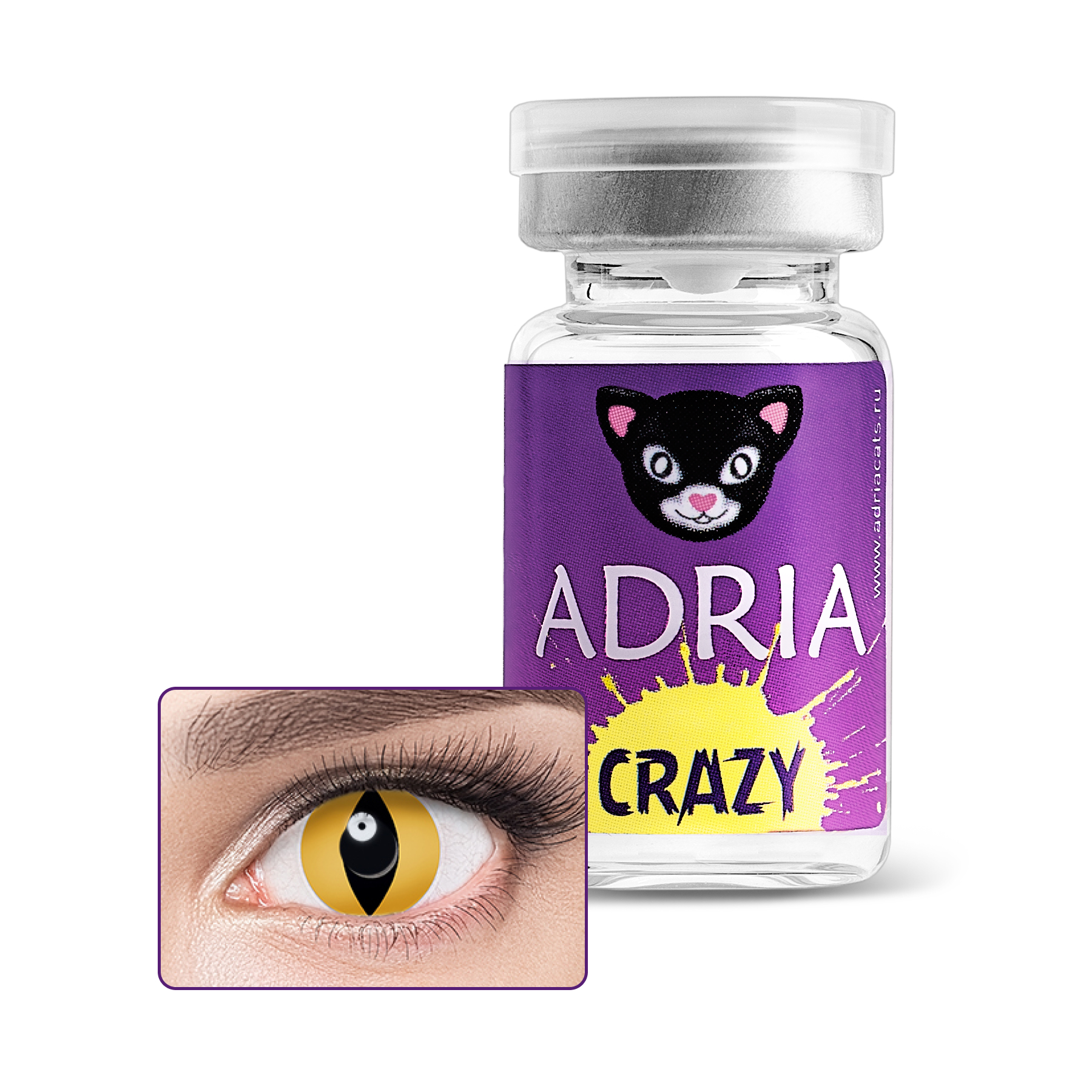 Купить Crazy 1 линза, Контактные линзы Adria Crazy Yellow Cat R 8, 6 0, 00 1 шт., желтые; черные, гидрогель