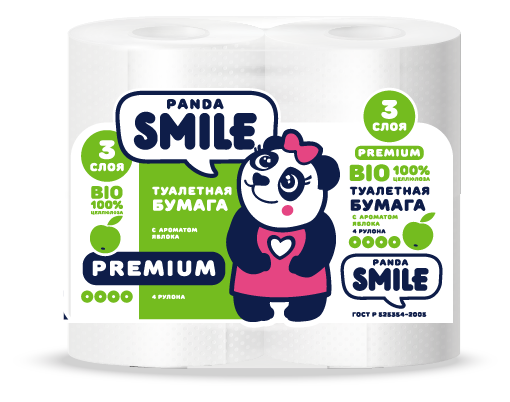 фото Бумага туалетная panda smile 3 слоя, с ароматом яблока, 4 шт.