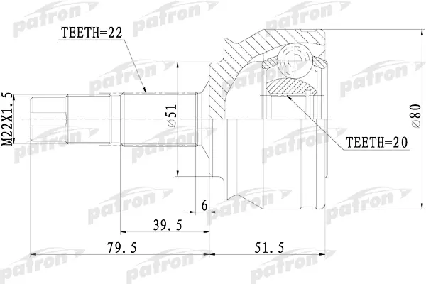 

ШРУС наружный 22x51x20 FIAT: BRAVO 1.2 98-, LANCIA Y (840A) 1.2 16V 97-03 PATRON PCV1073