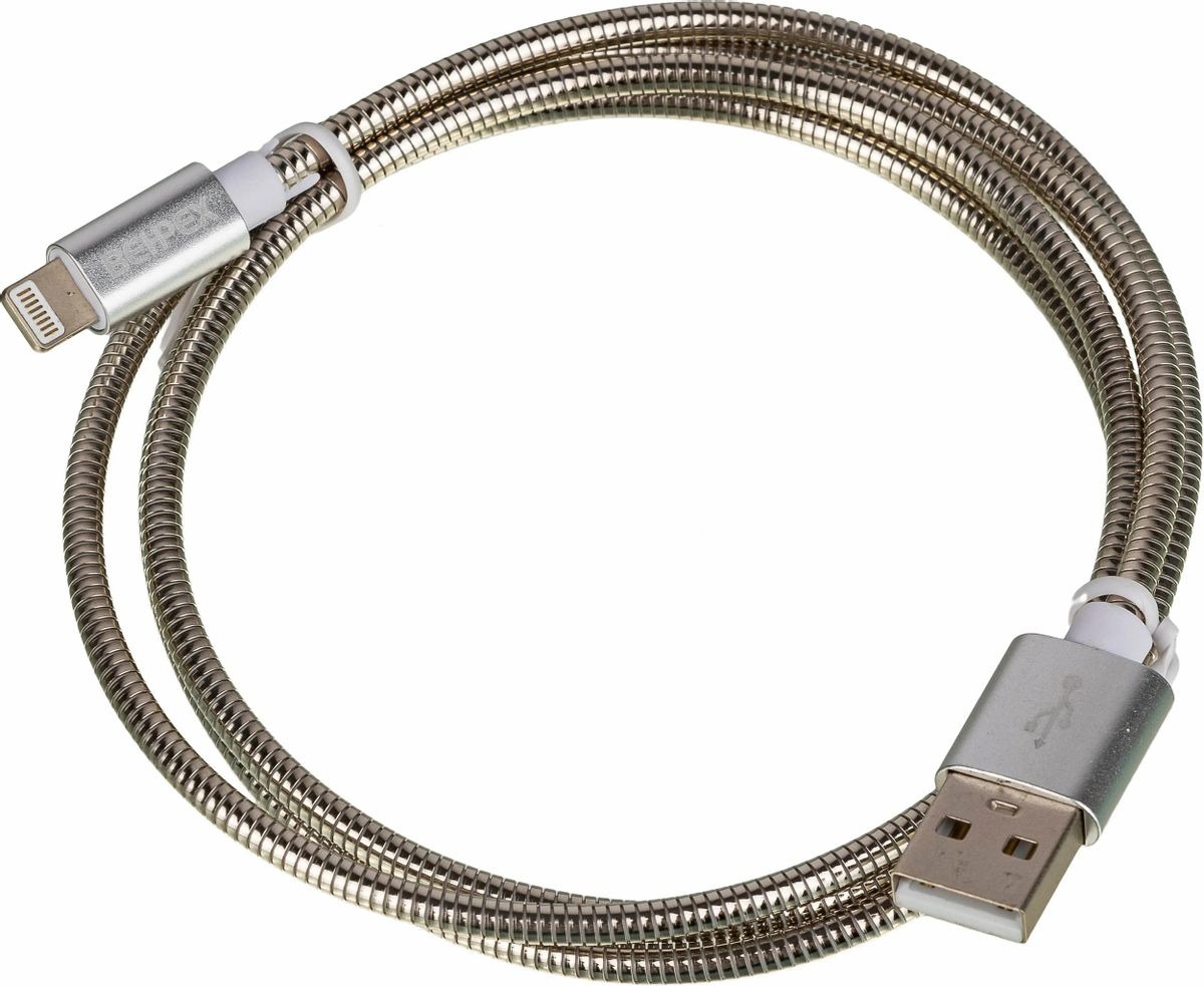 Кабель  Lightning m -  USB m,  1м,  в оплетке,  2.4A,  серебристый