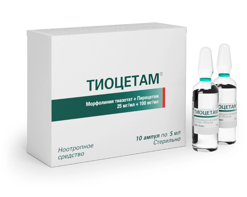 Купить Тиоцетам, раствор 25 мг/мл +100 мг/мл, ампулы 5 мл, 10 шт., OZONE