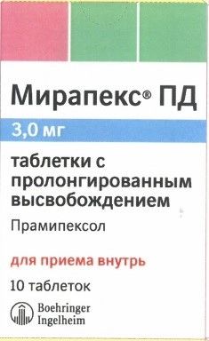 Мирапекс ПД, таблетки с пролонгированным высвобождением 3 мг, 30 шт.