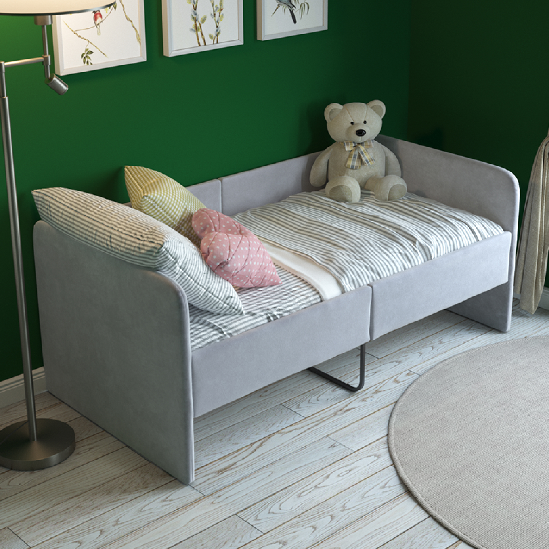 Детский диван-кровать SleepAngel Smile с бортиками, с мягким изголовьем, серый, 140х70 см коляска трансформер smile line alf перекидная ручка 03 зеленый серый