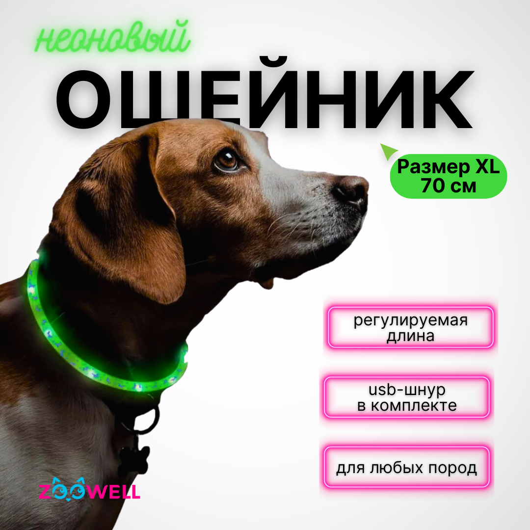 Ошейник для собак ZDK Walk с LED-подсветкой зеленый силикон 70 см 841₽