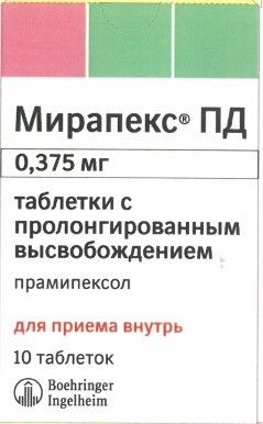 Мирапекс ПД, таблетки с пролонгированным высвобождением 0,375 мг, 10 шт.