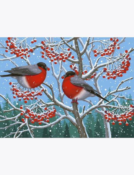 

Алмазная мозаика на подрамнике Снегири, 90x70 см, 30 цветов, 58767, ПРА-134
