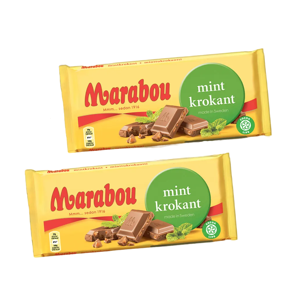 Шведский плиточный молочный шоколад с хрустящей мятой (Marabou Марабу, Mint Krokant 2 ш...