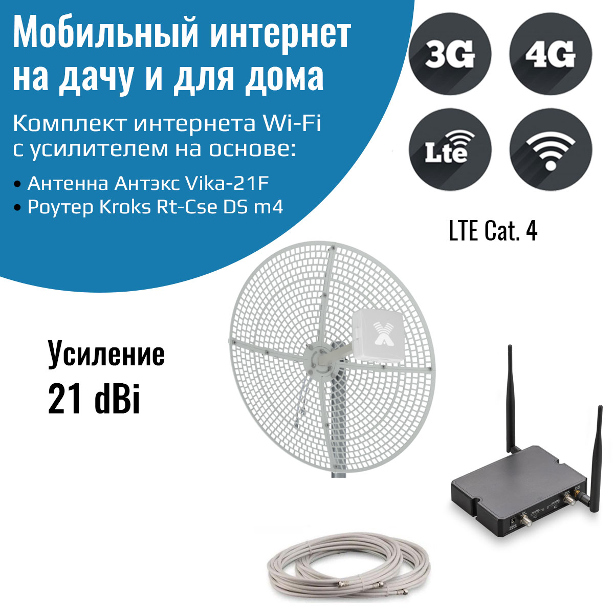 

Усилитель интернет сигнала NETGIM Kroks m4 с параболической антенной Vika-21