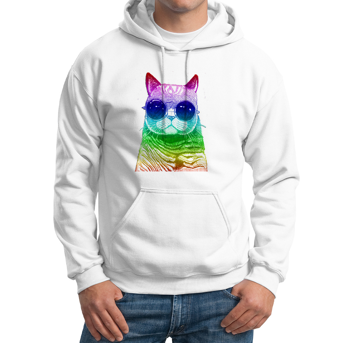 

Худи унисекс CoolPodarok Животные Радужный кот белое 52 RU, Белый, 2M015622