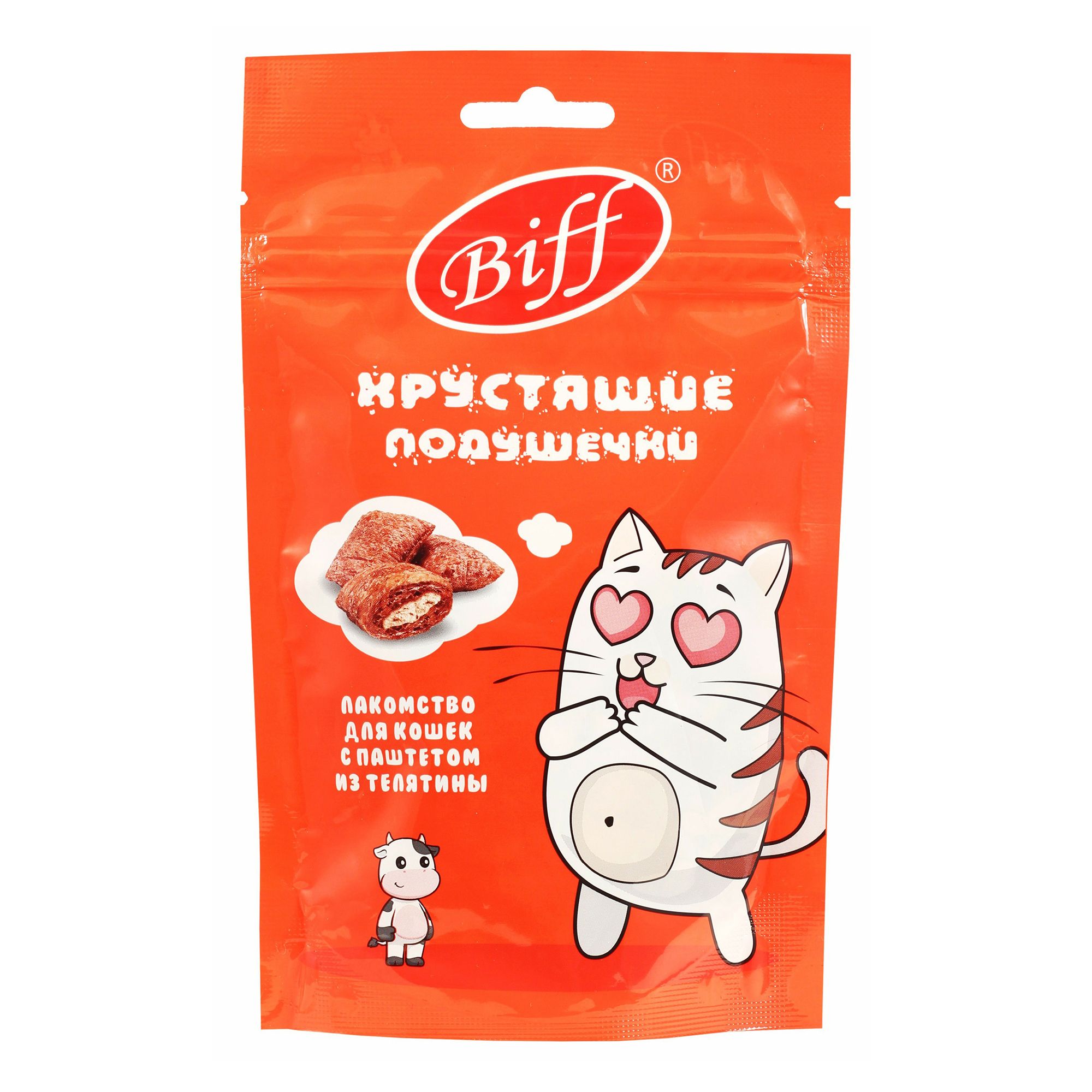 Лакомство для кошек Biff Хрустящие подушечки с паштетом из телятины 60 г 329₽