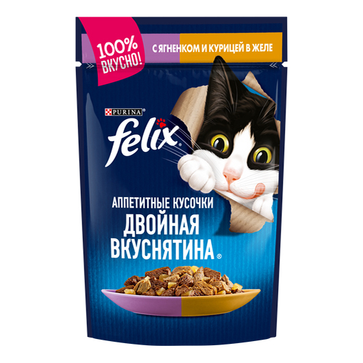 фото Влажный корм для кошек felix аппетитные кусочки двойная вкуснятина с ягненком и курицей в