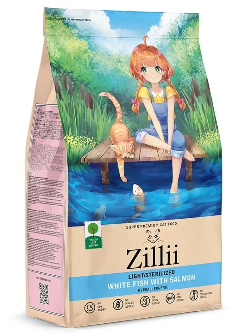 Сухой корм для кошек Zillii Sterilized диетический белая рыба и лосось, 2 шт по 0,4 кг
