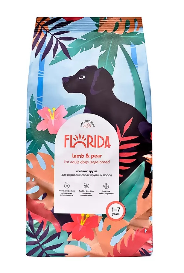 Сухой корм для собак крупных пород FLORIDA с ягненком и грушей, 4 шт по 3 кг