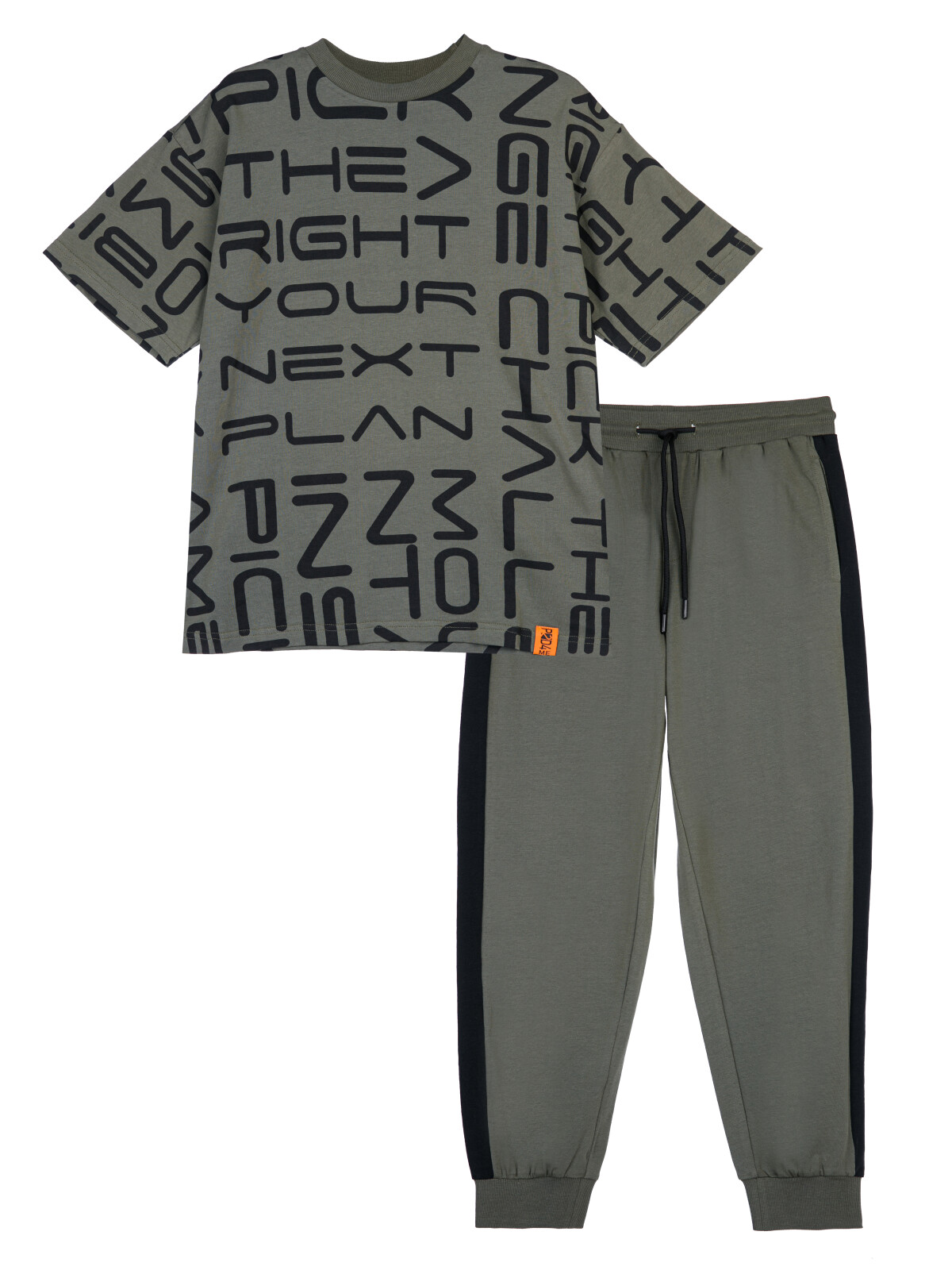 Комплект трикотажный для мальчиков PlayToday: фуфайка (футболка), брюки, хаки,черный, 140