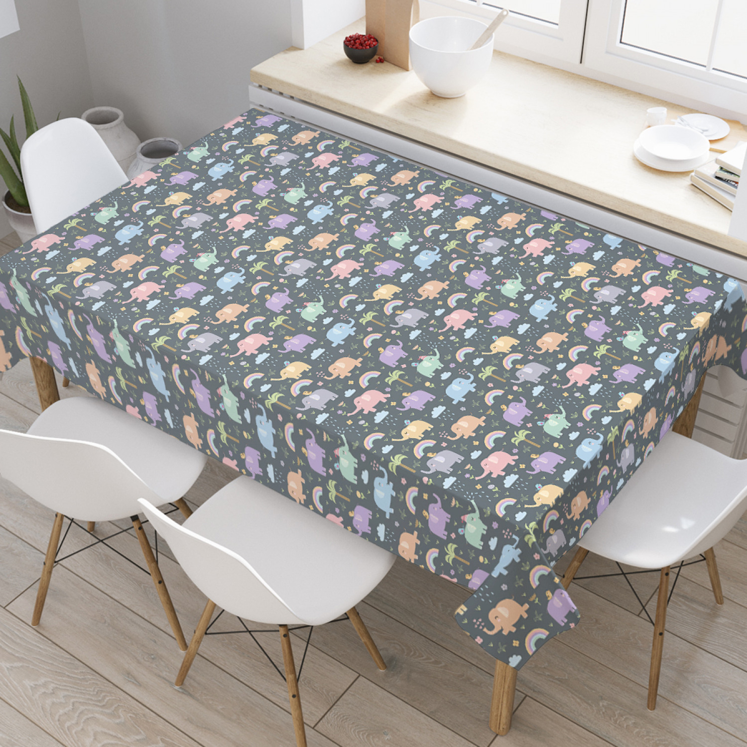 

Скатерть прямоугольная JoyArty "Веселые слоны" из оксфорда, 180x145 см, Серый, Веселые слоны