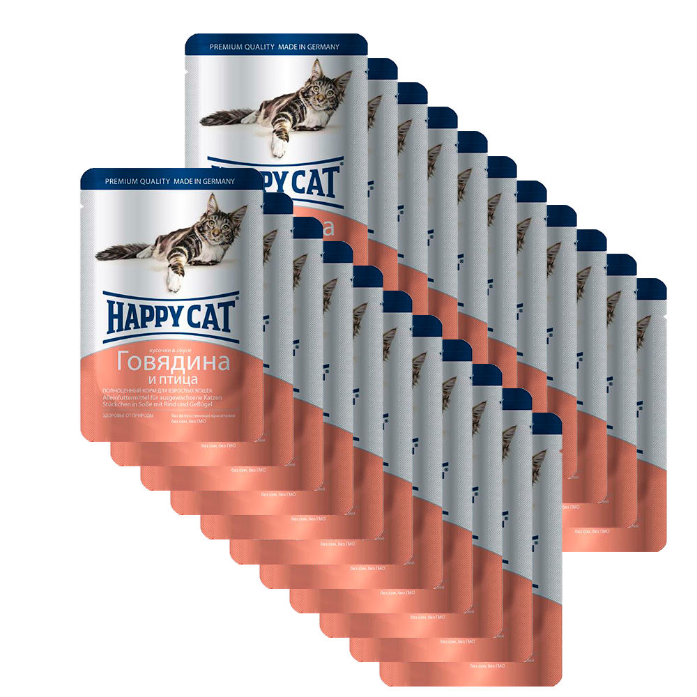 

Влажный корм Happy Cat говядина и птица кусочки в соусе для кошек 100 г х 22 шт