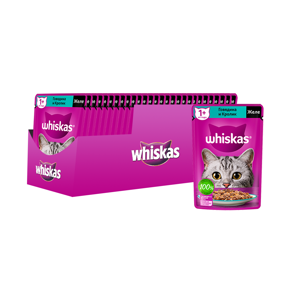 Влажный корм для кошек Whiskas Meaty с говядиной и кроликом в желе, 28 шт по 75 г