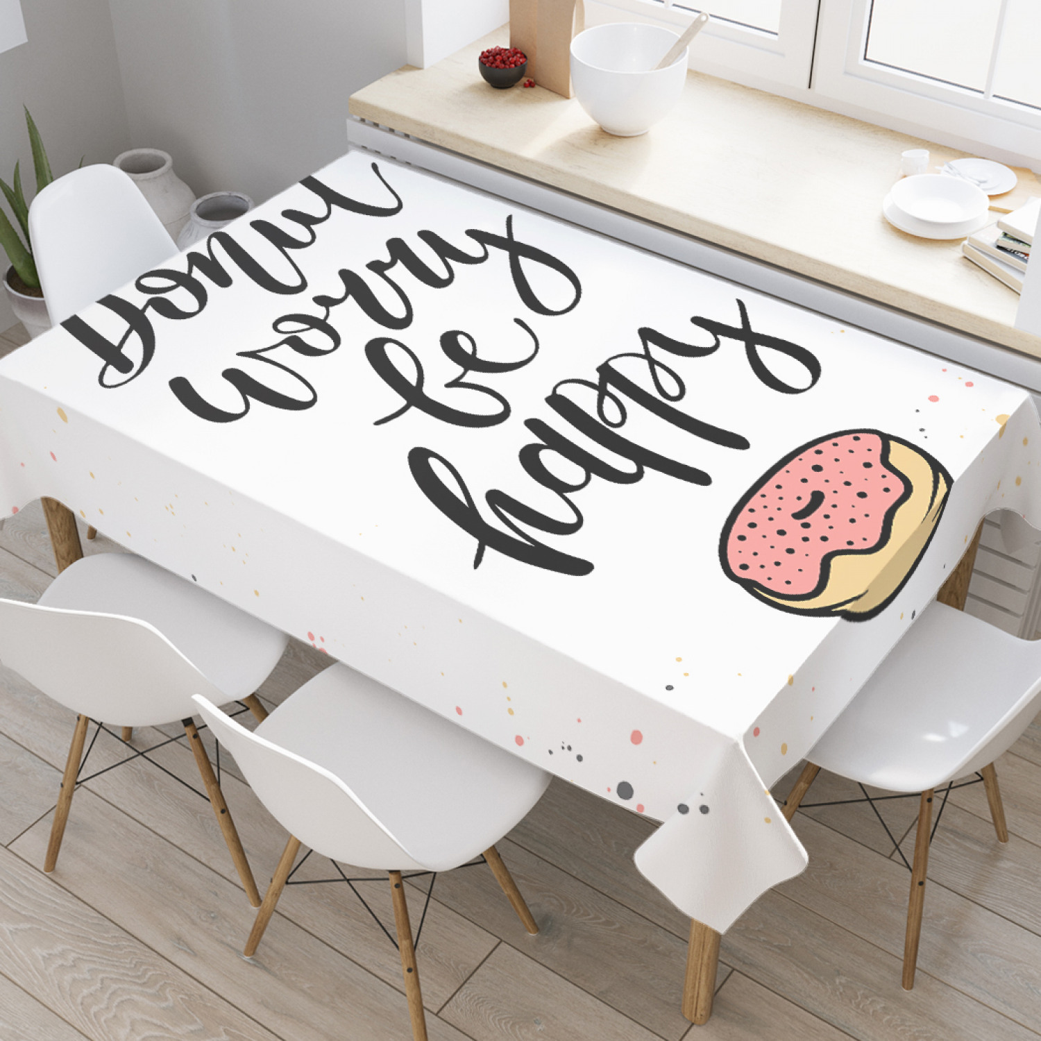 

Скатерть прямоугольная JoyArty "Счастливый пончик" из оксфорда, 180x145 см, Белый, Счастливый пончик