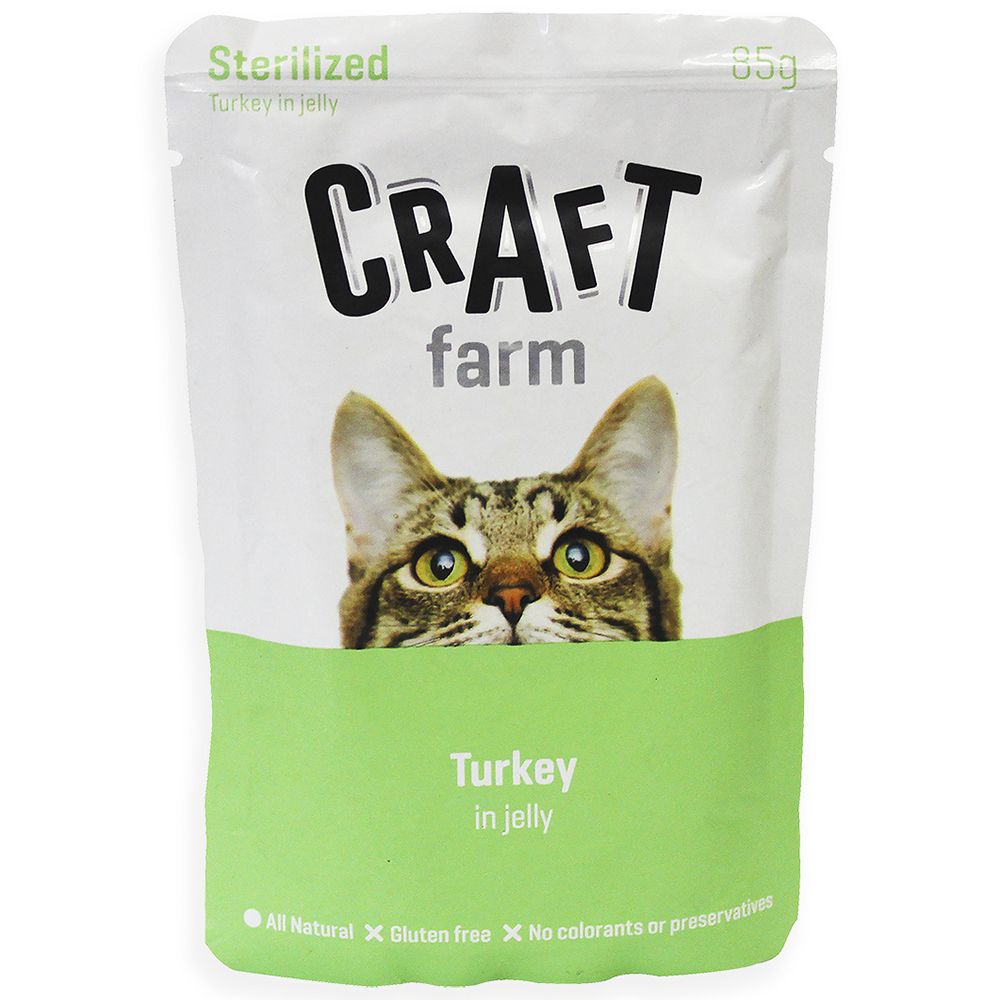 Влажный корм для кошек Craft Farm с индейкой в желе для стерилизованных, 12 шт по 85 г