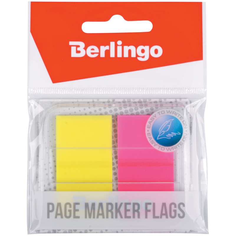 Клейкие закладки пластиковые Berlingo 2 цвета неон по 20л 45x25мм в диспенсере 24 уп