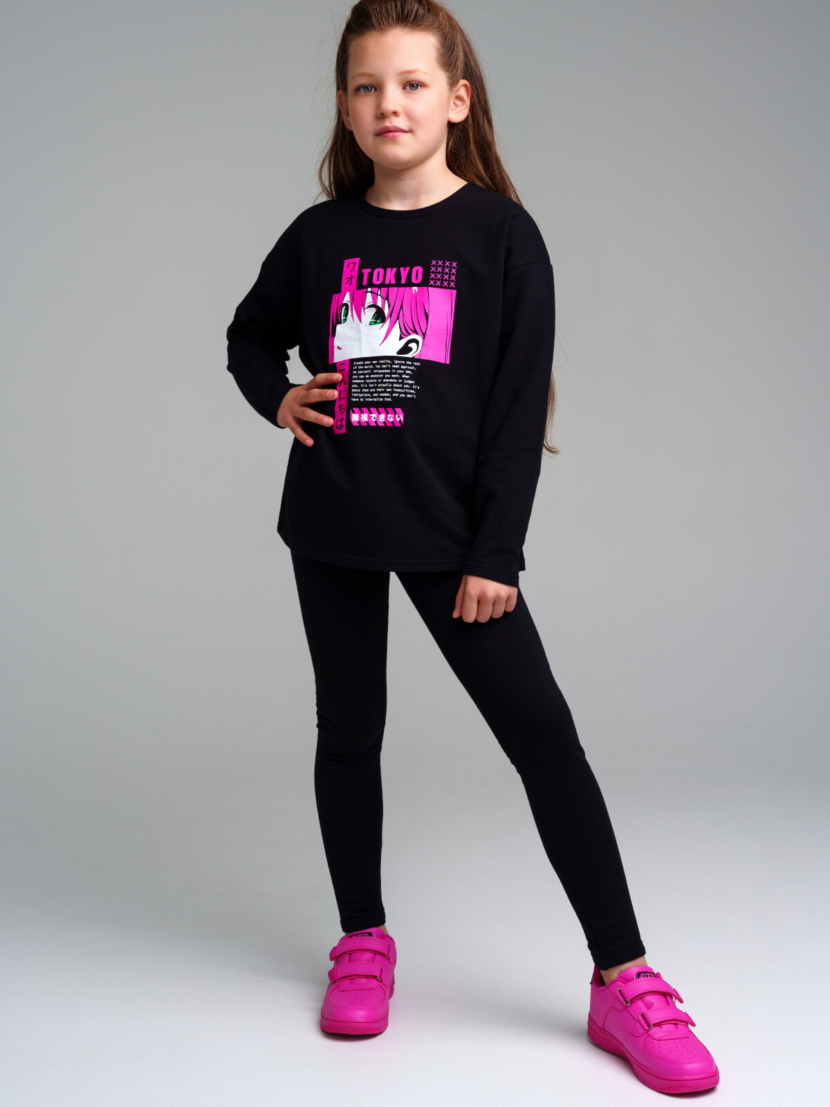 Комплект для девочек PlayToday: (футболка), брюки (легинсы), черный,фуксия, 164