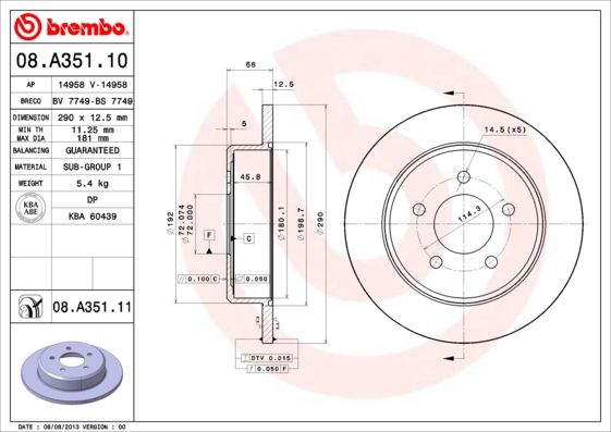 

Тормозной диск brembo комплект 1 шт. 08A35111