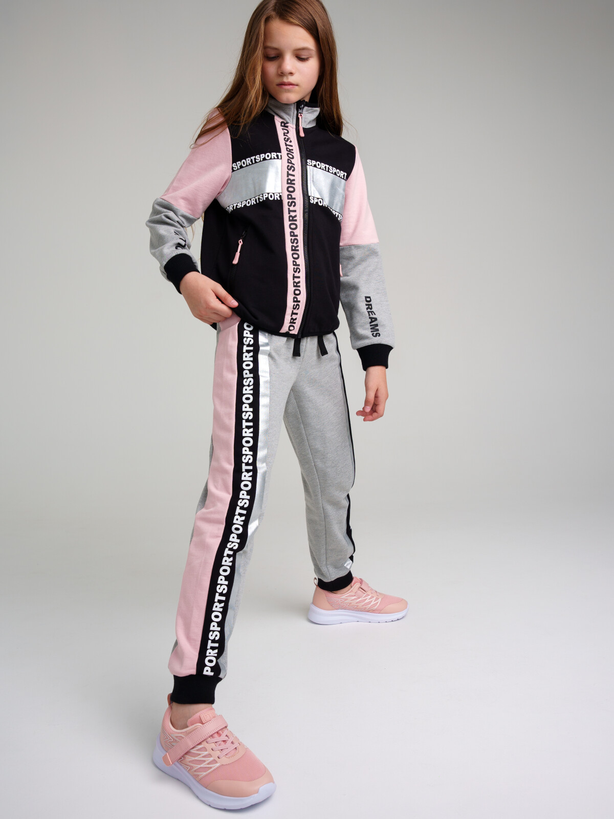 

Комплект для девочек PlayToday: толстовка, брюки, светло-розовый,черный,серый, 158, 22327258