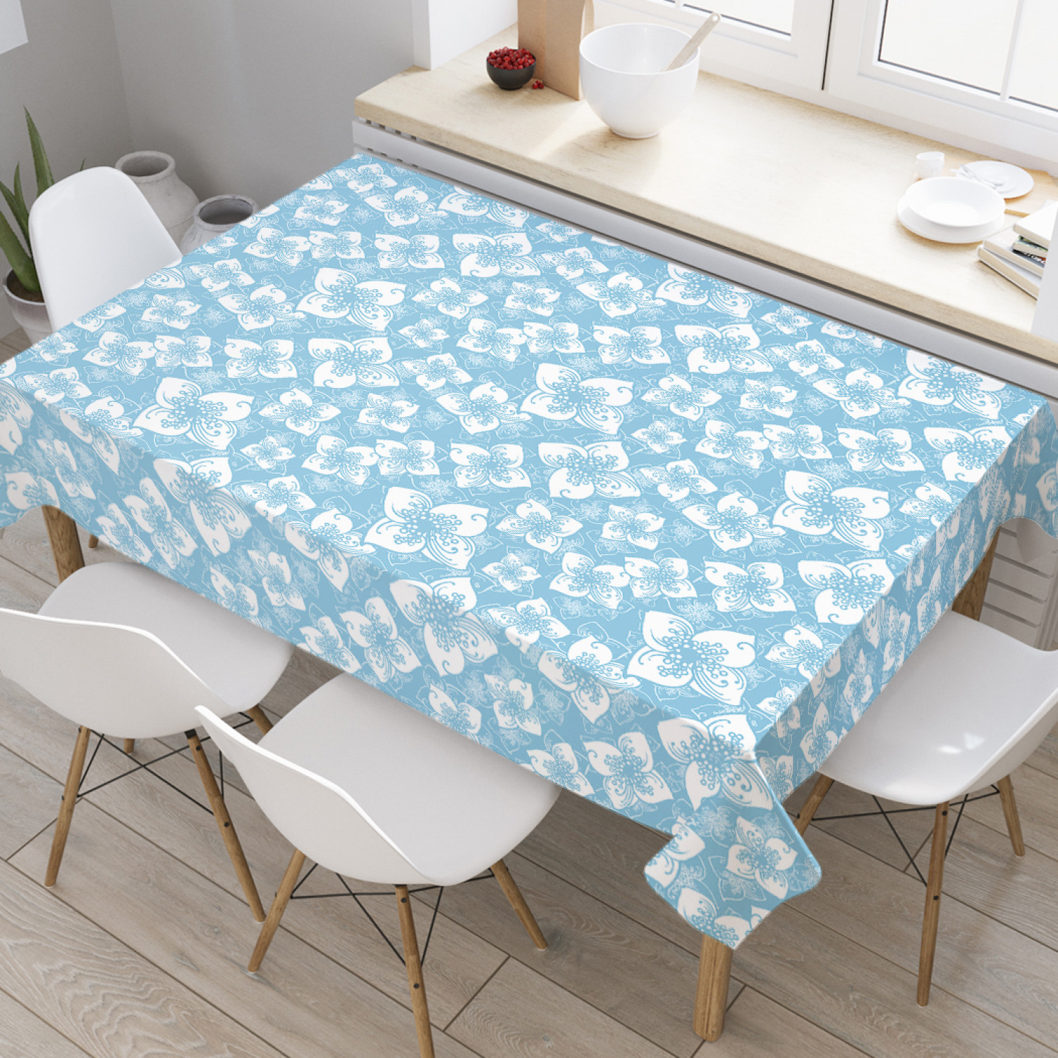 

Скатерть прямоугольная JoyArty "Узорный жасмин" из оксфорда, 180x145 см, Голубой, Узорный жасмин