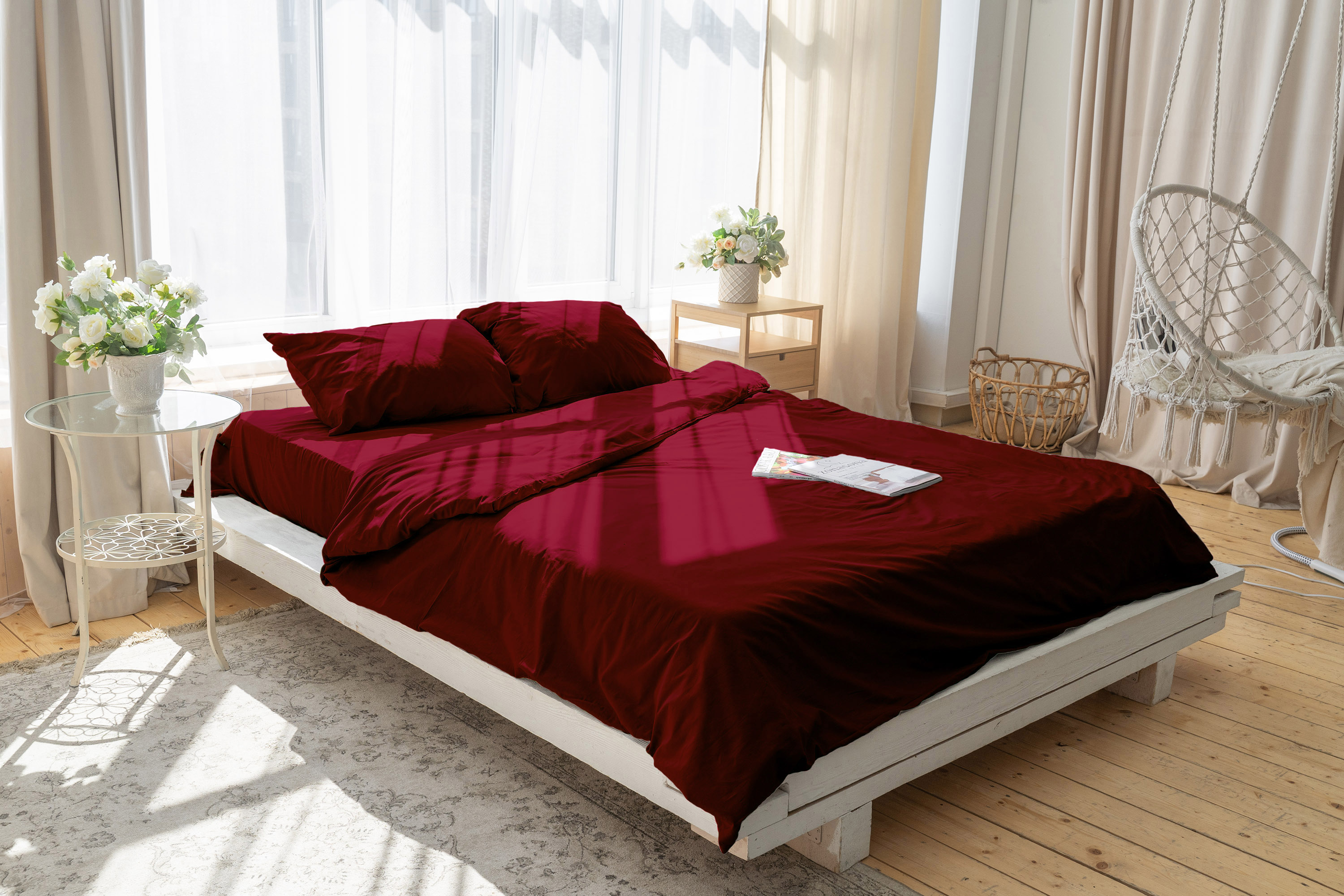 

Постельное бельё ZonaSona с простыней на резинке, бордовый, 2 спальный, поплин, нав 70х70, ZS-BPR05