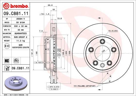 Тормозной Диск Передний D330mm Porsche Cayenne (9Pa) 09 Brembo 09.C881.11