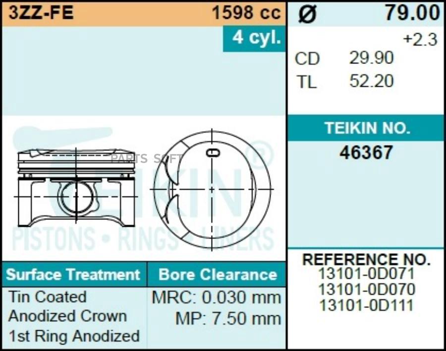 

Поршни TEIKIN 46367 STD Toyota Corolla; Avensis 3zz-Fe 05-