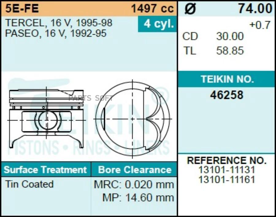 

Поршни TEIKIN 46258 050 Toyota Caldina; Corolla; Sprinter 5efe 94-00