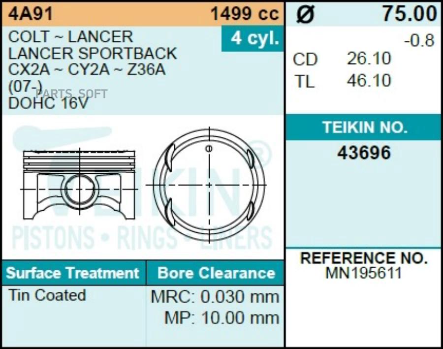 

Поршни TEIKIN 43696 STD Mitsubishi Lancer X; Colt 4a91 07-