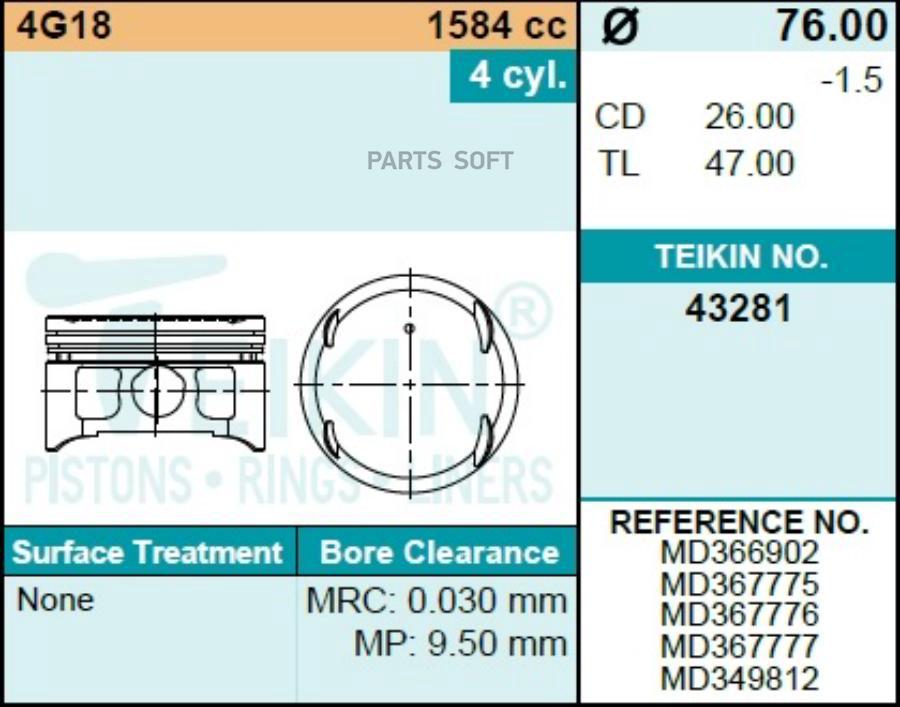 

Поршни TEIKIN 43281 STD Mitsubishi Lancer 4g16; 4g18 00-