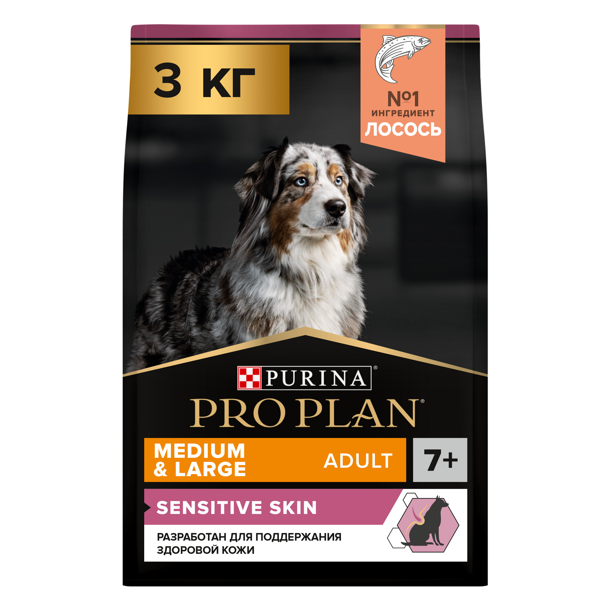 

Сухой корм для собак PRO PLAN при чувствительной коже с лососем, 3 кг, OptiDerma Medium & Large Adult 7+