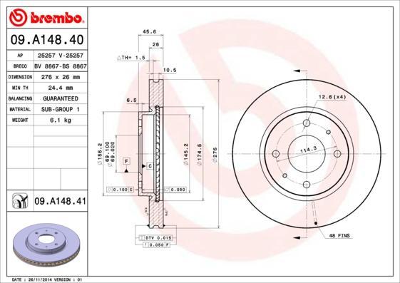

Диск Тормозной Передний 276Mm Вентилируемый Окрашенный Brembo 09.A148.41