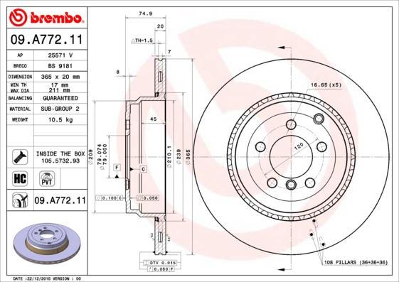 

Тормозной диск brembo задний для Land Rover Range Rover 2009- d=365 мм. 09A77211
