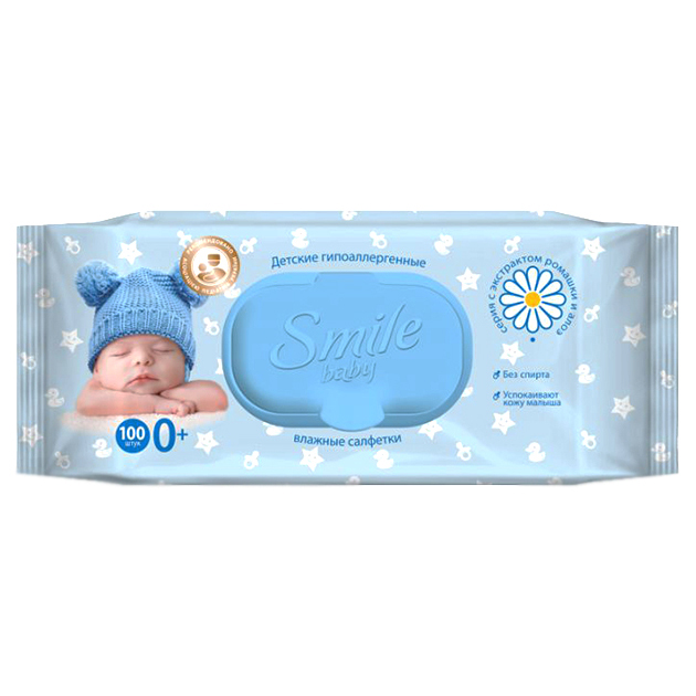 

Влажные салфетки детские Smile Baby с экстрактом ромашки и алоэ 100 шт