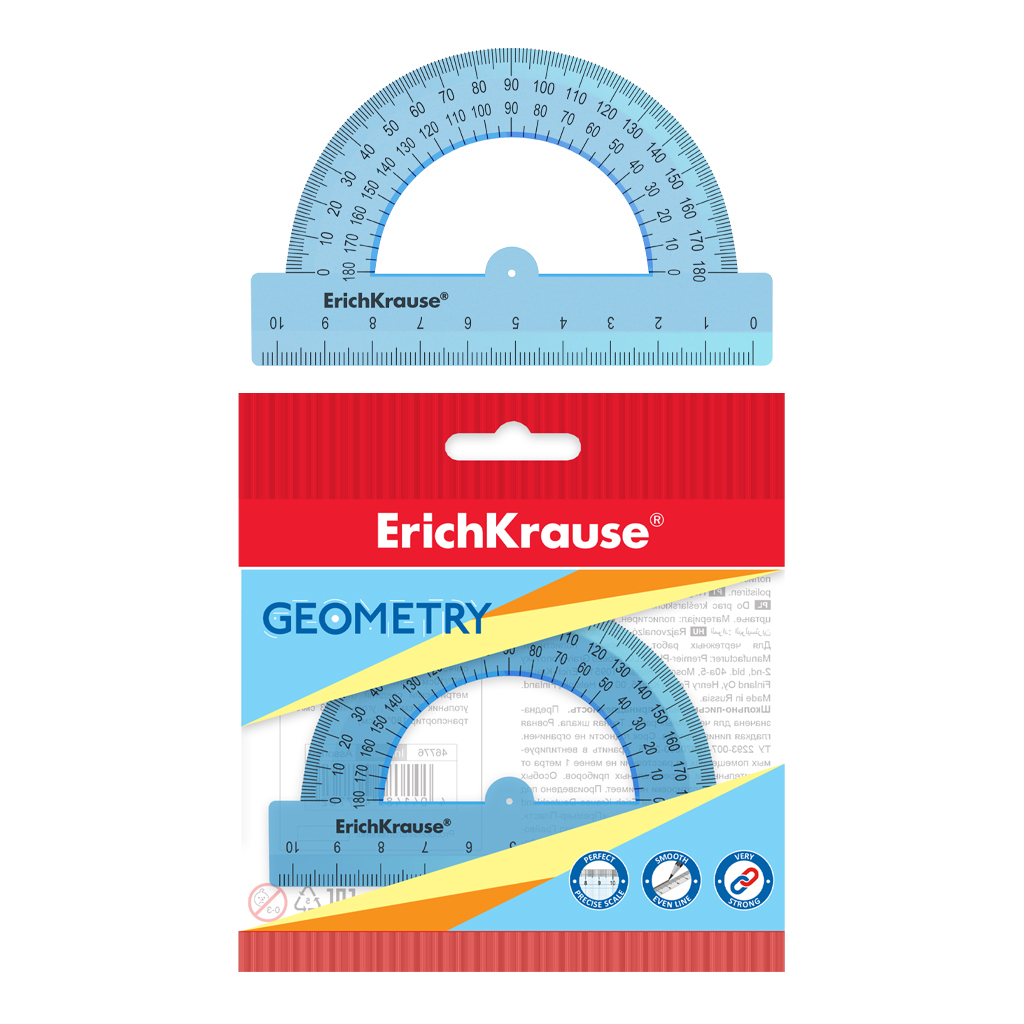 

Транспортир пластиковый ErichKrause Standard, 180°/10см, голубой, в флоупаке
