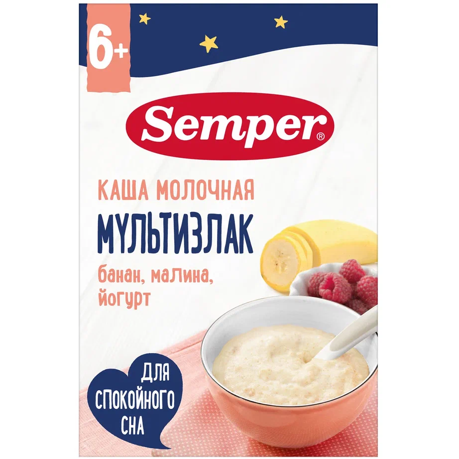 Каша Semper молочная мультизлаковая банан малина йогурт с 6 месяцев 180 г каша молочная semper быстрорастворимая рисовая с бананом 200 г с 6 месяцев
