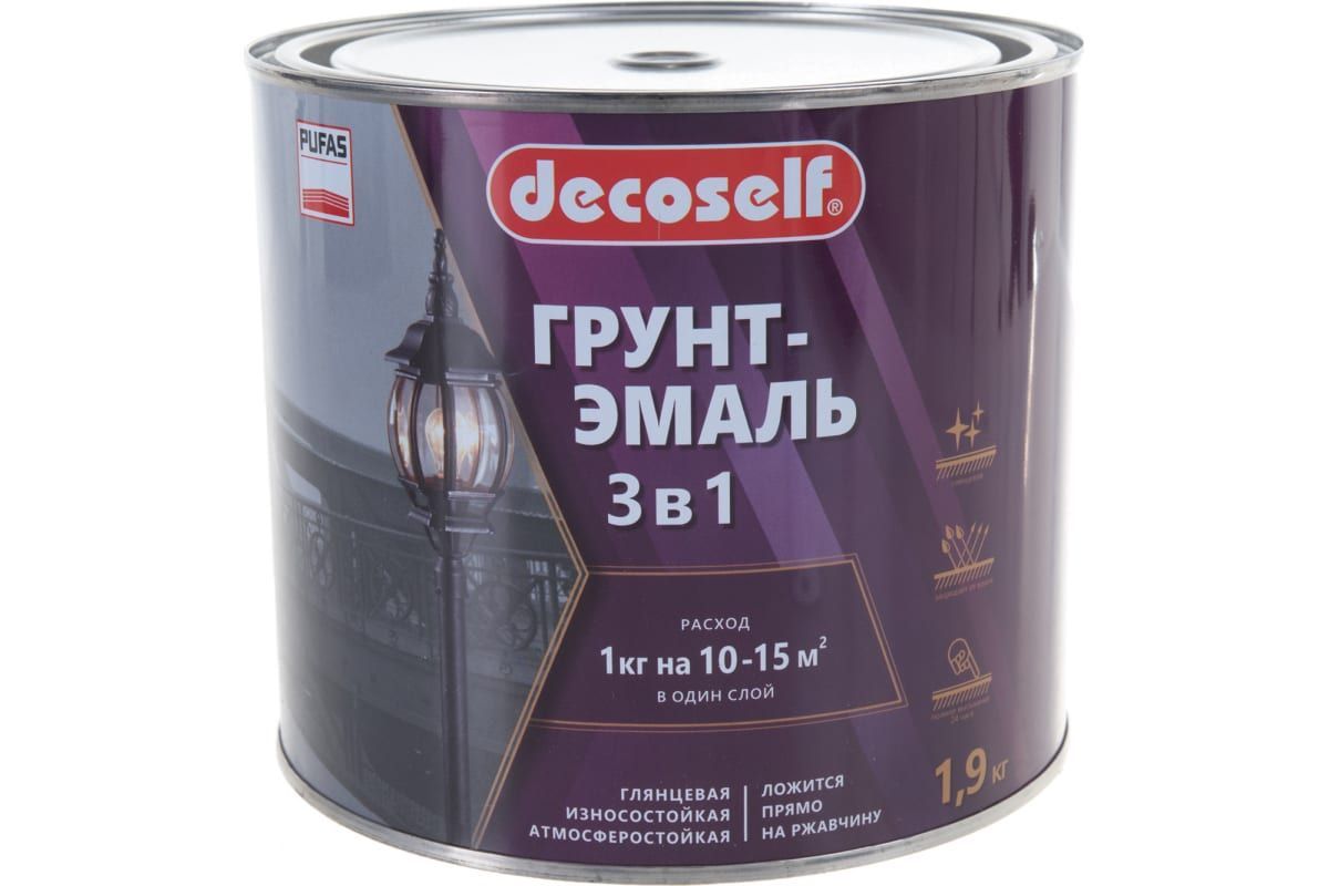 ПУФАС Грунт-эмаль 3 в 1 быстросохнущая белая (глянц.) Decoself (1,9 кг) пуфас грунт эмаль 3 в 1 быстросохнущая красно коричневая глянц decoself 0 9кг