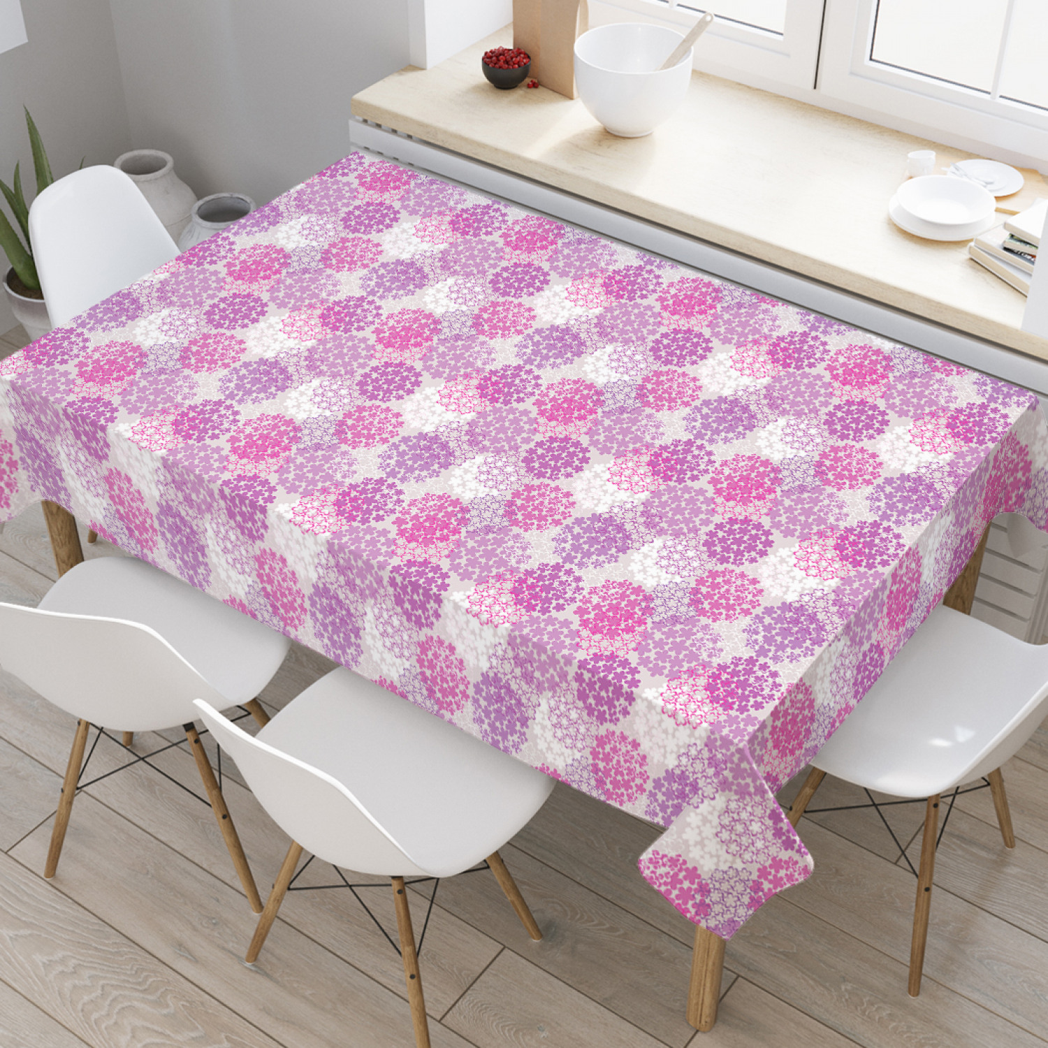 

Скатерть прямоугольная JoyArty "Цветочные шары" из оксфорда, 180x145 см, Розовый, Цветочные шары