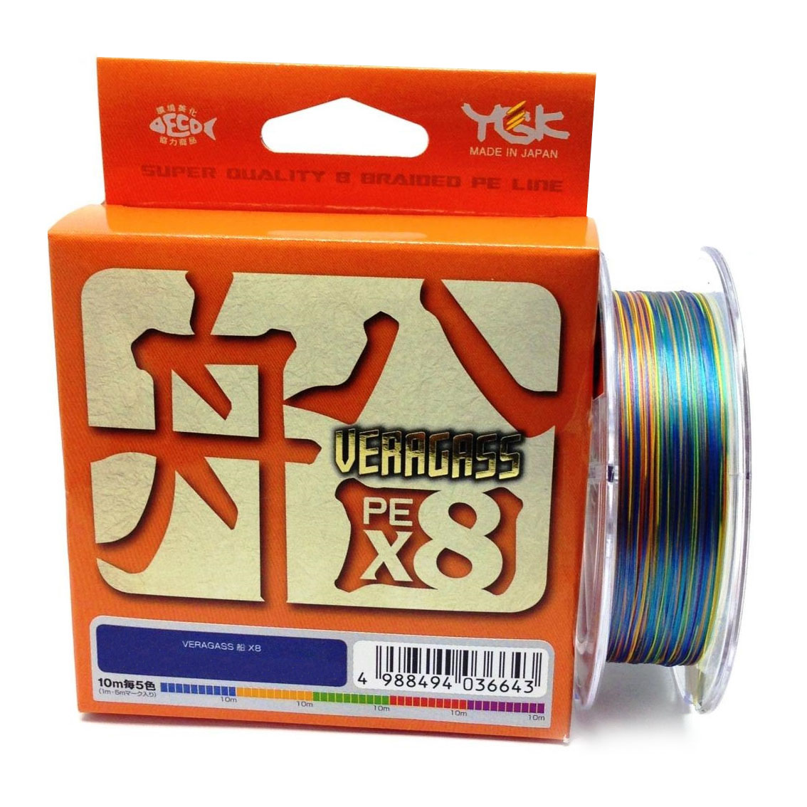 

Шнур плетеный YGK Veragass PE Х8 150m 0.6 (0.128mm) 14 lb (6.4 kg), Разноцветный, Veragass PE Х8