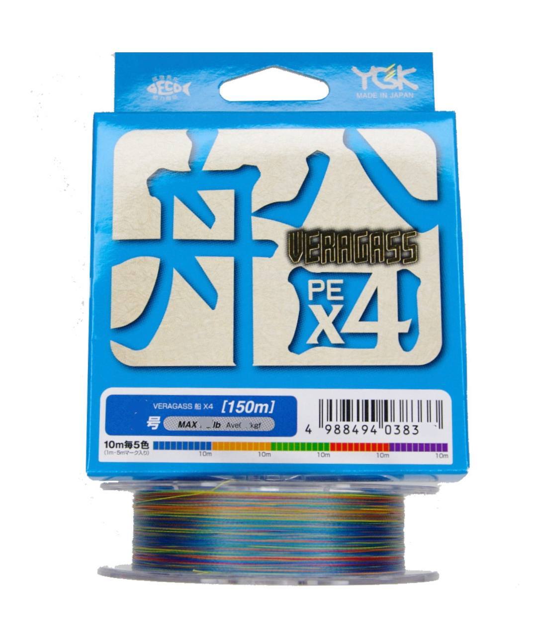 

Шнур плетеный YGK Veragass PE Х4 150м 0.6 (0.127 mm) 12 lb, Разноцветный, Veragass PE Х4