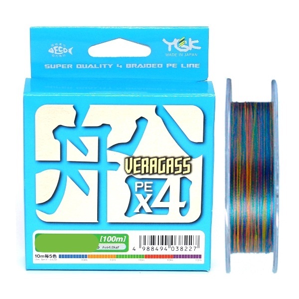 

Шнур плетеный YGK Veragass PE Х4 100м 1.2 (0.185 mm) 20 lb, Разноцветный, Veragass PE Х4