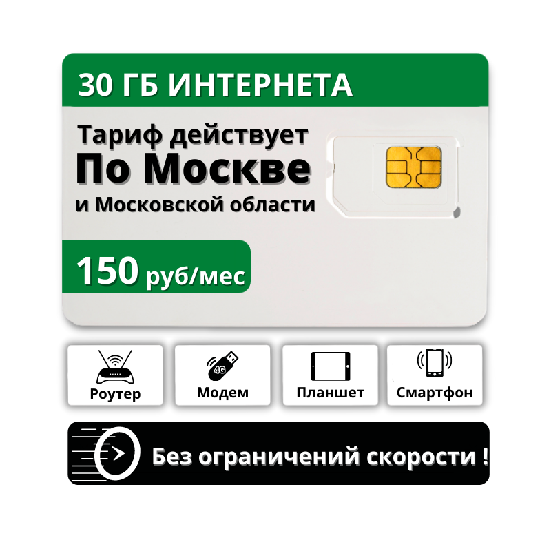 

Сим-карта Безлимит тариф для модема 30 Гб трафика (Москва и МО)