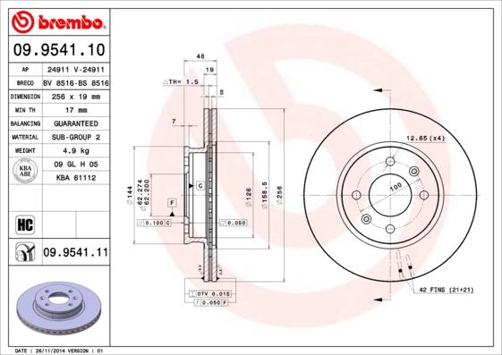 

Тормозной диск brembo передний вентилируемый 256x19 4 отверстия 09954111